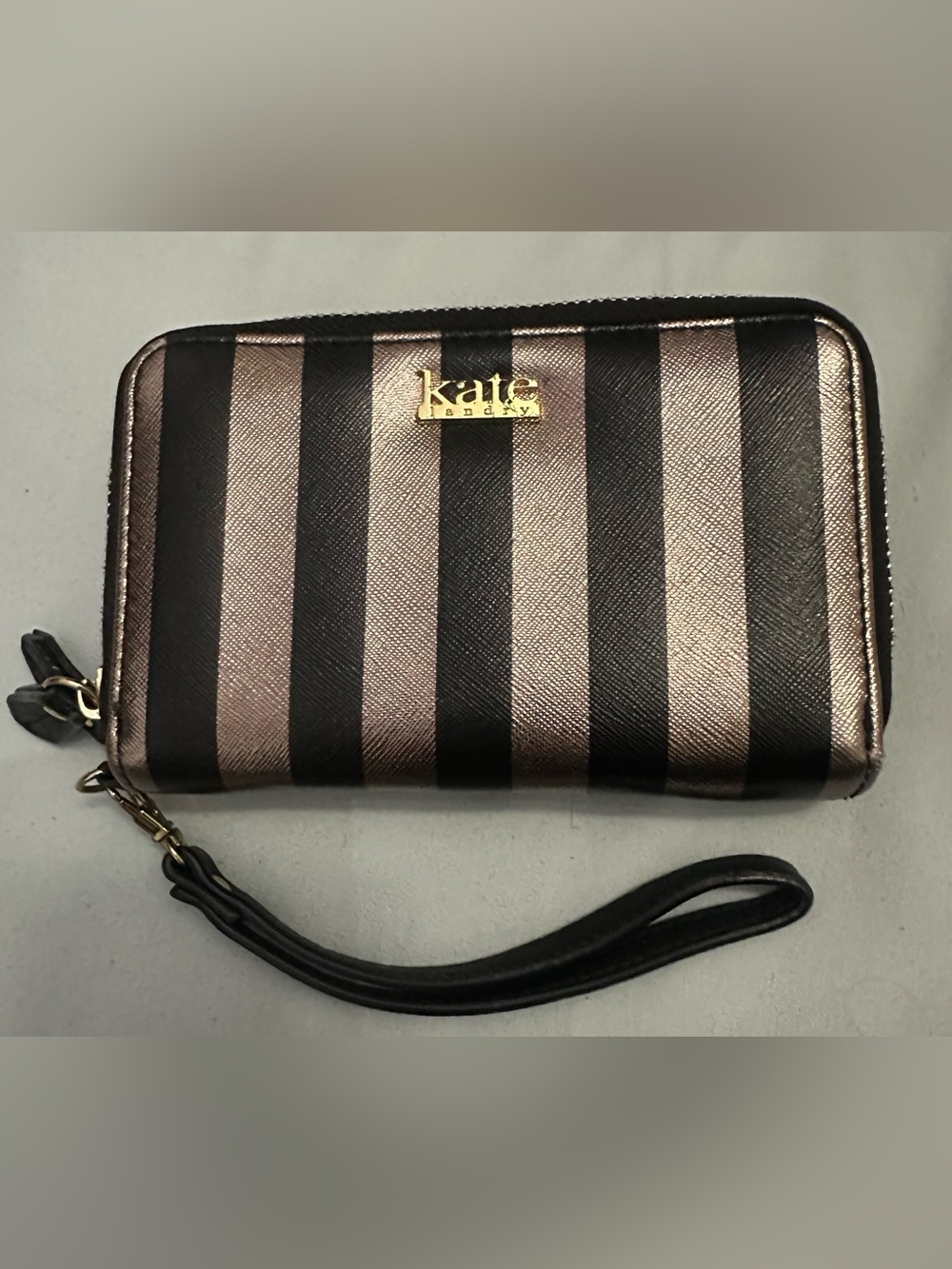 Kate Landry Black and Metallic Rose Striped Wristlet Clutch